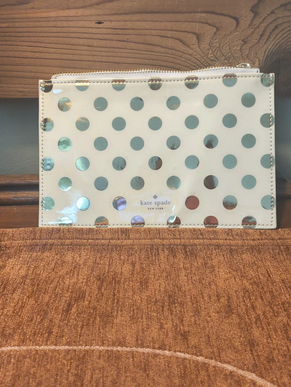 NWOT Kate Spade Pencil Pouch Polka Dot Cosmetic Case Travel Cream Gold w/Ruler